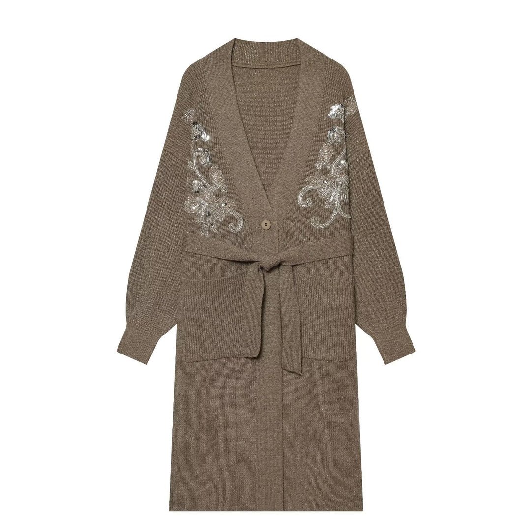 Women’s Long Knitted Cardigan with Waist Belt and Sequin Embroidery Mune Fashion
