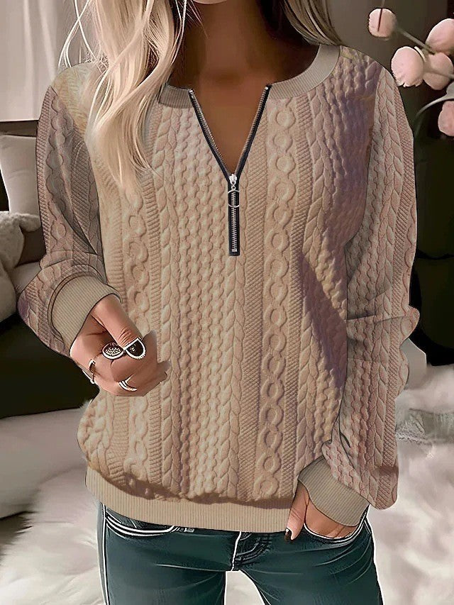 Women Structured Cable Knit Sweatshirt with Half Zip and Ribbed Cuffs Mune Fashion