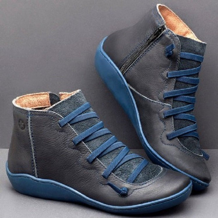 Women's ankle-high leather ankle boot with side zipper, elastic lacing, and ergonomic comfort sole Mune Fashion
