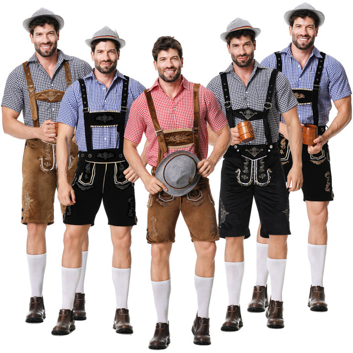 Men's traditional short leather trousers with elaborate embroidery and adjustable straps Mune Fashion