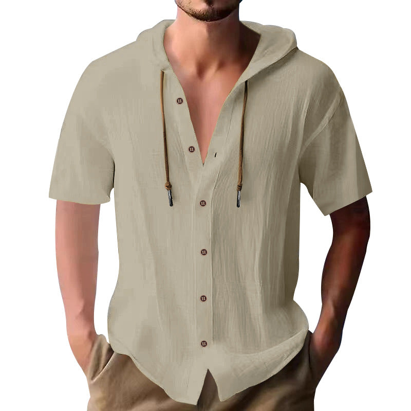 Men's lightweight short-sleeve hooded shirt with button placket and breathable cotton blend Mune Fashion