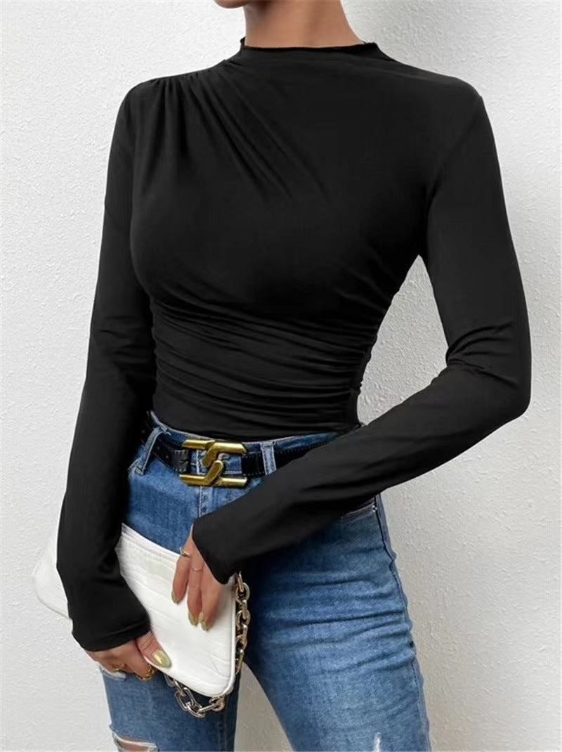 Women nan gathered long sleeve shirt with asymmetric boat neckline and figure-hugging silhouette Mune Fashion