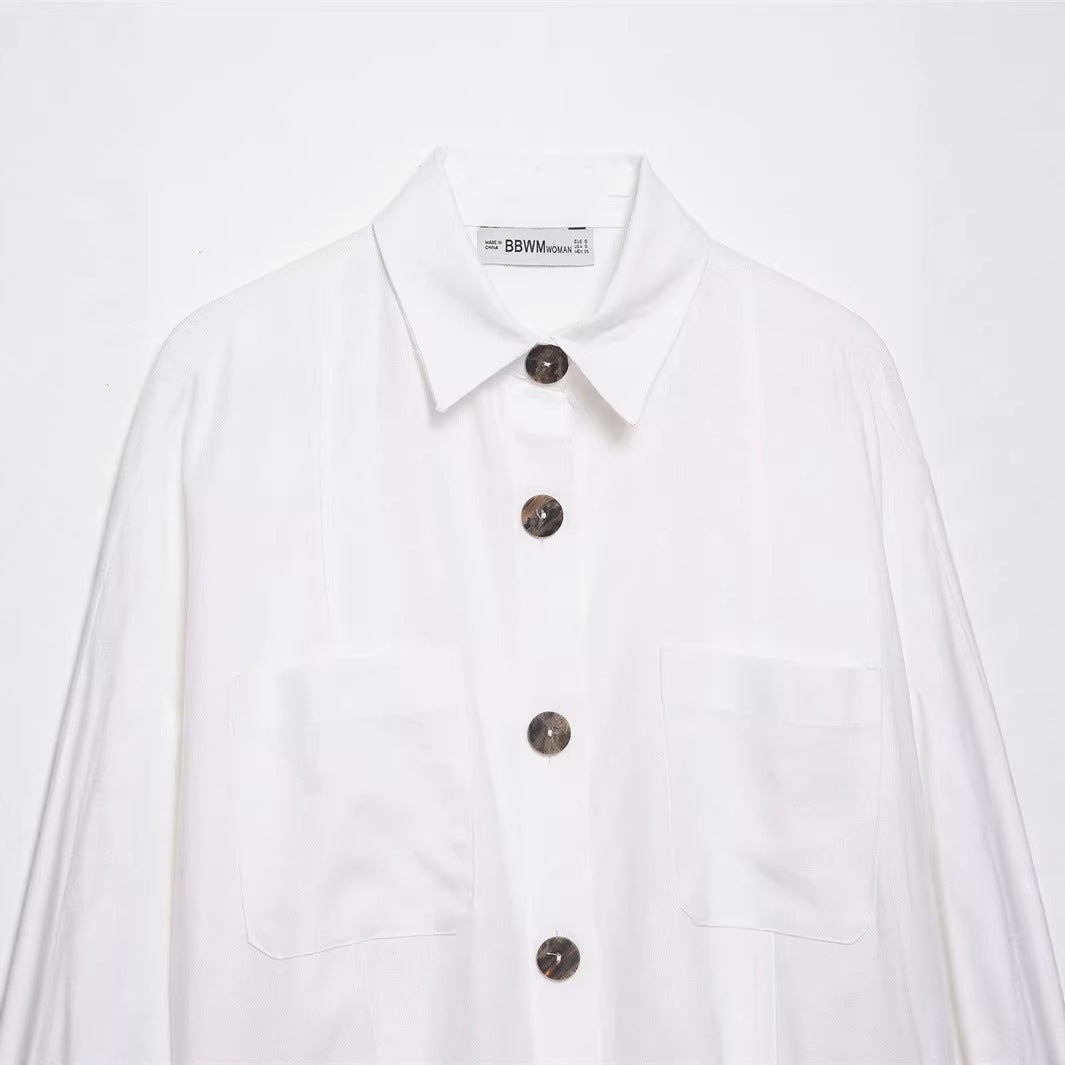 Women's Oversized Shirt Jacket with Three-Quarter Kimono Sleeves and Patch Pockets Mune Fashion
