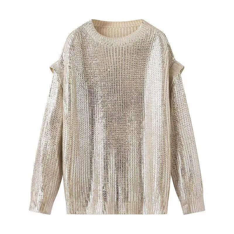 Women's Oversized Knit Sweater with Cut-Out Shoulders and Metallic Shine Mune Fashion