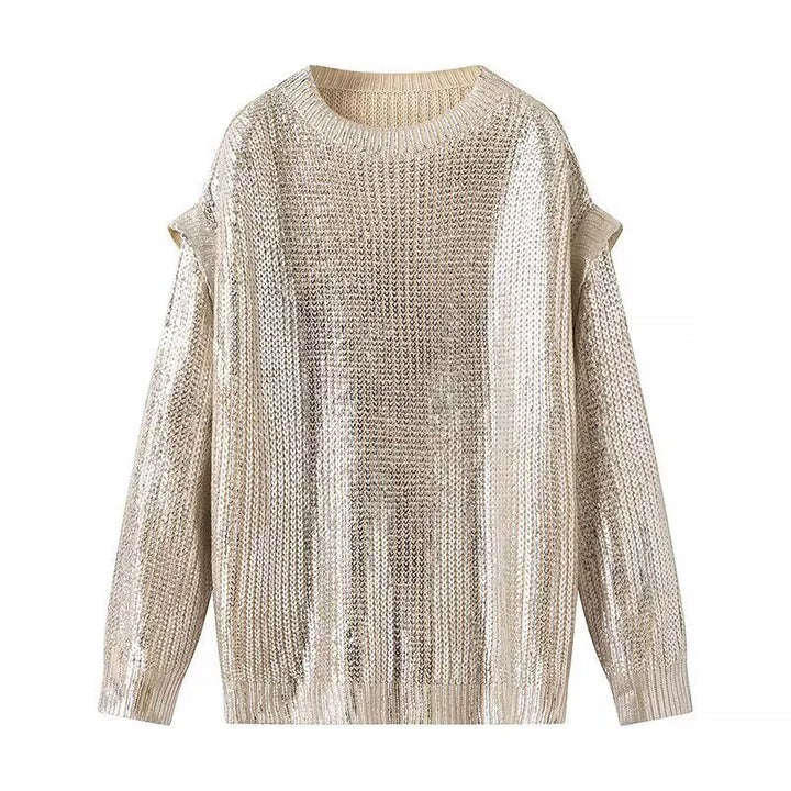 Women's Oversized Knit Sweater with Cut-Out Shoulders and Metallic Shine Mune Fashion