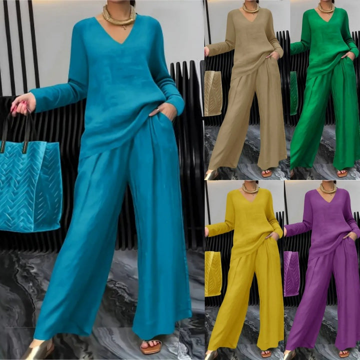 Women's Fine V-Neck Knit Sweater with Flowing Palazzo Pants Mune Fashion