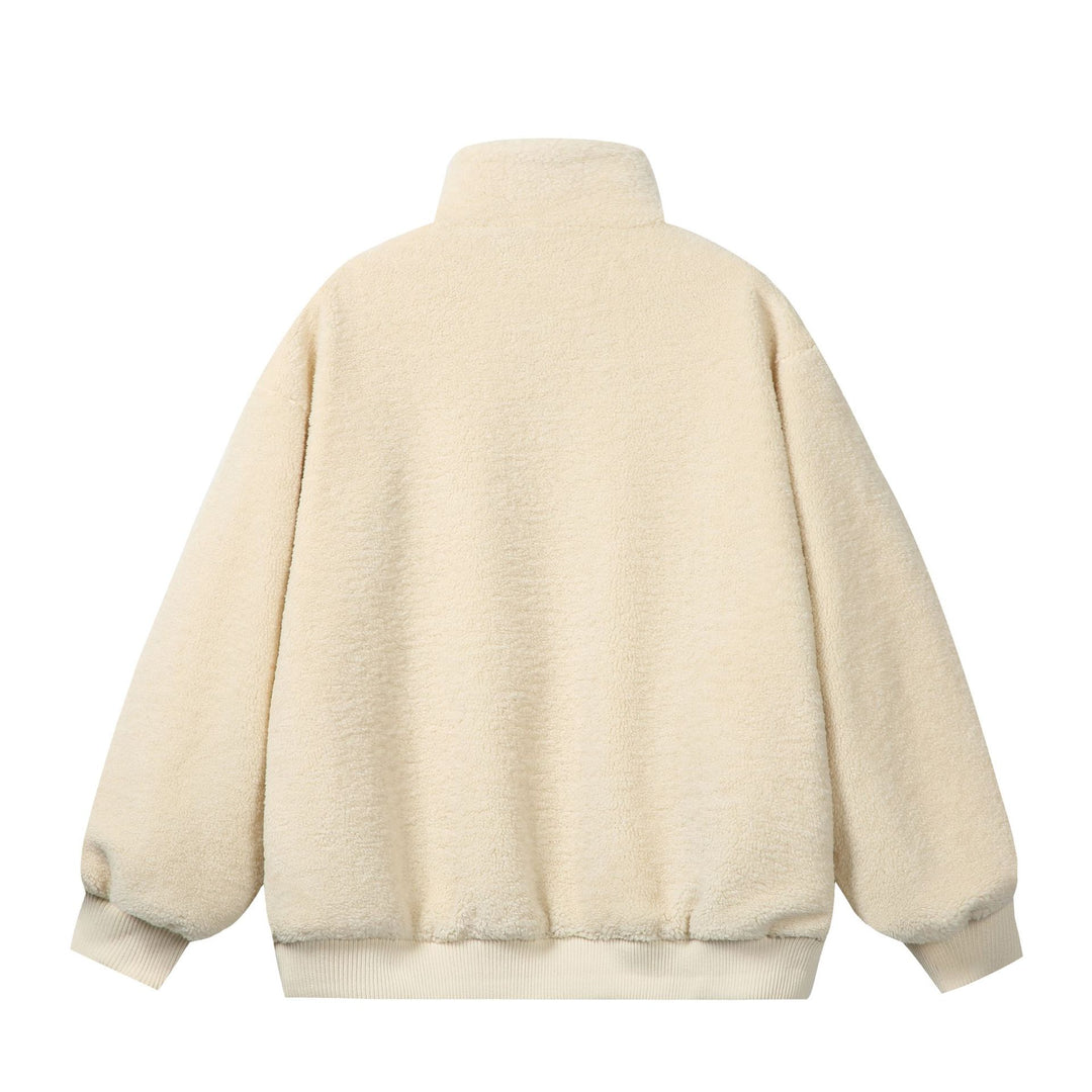 Unisex Sherpa fleece jacket in boxy cut with stand-up collar, block stripes and embroidery details Mune Fashion