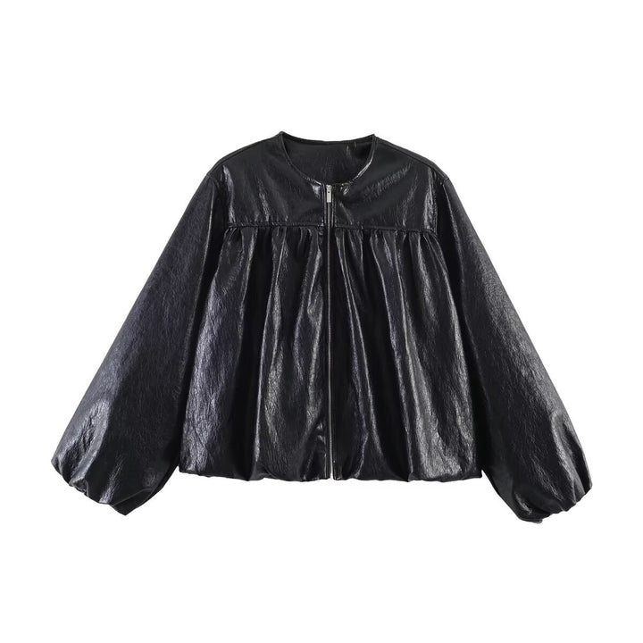 Women's short jacket in flounce style with gathered yoke, continuous zipper and wide balloon sleeves Mune Fashion