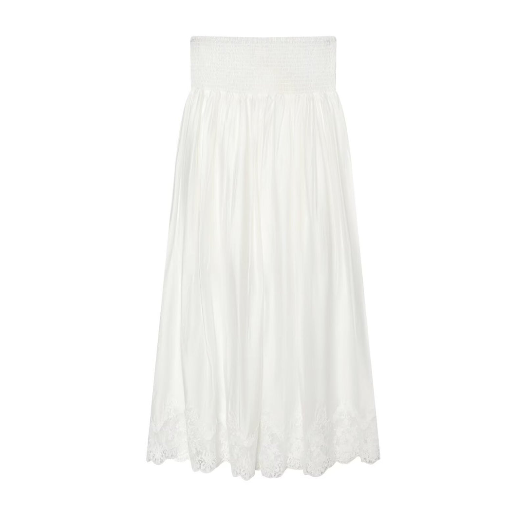 Ladies Romantic Blouse with Smocking Collar, Bell Sleeves and Lace Trim