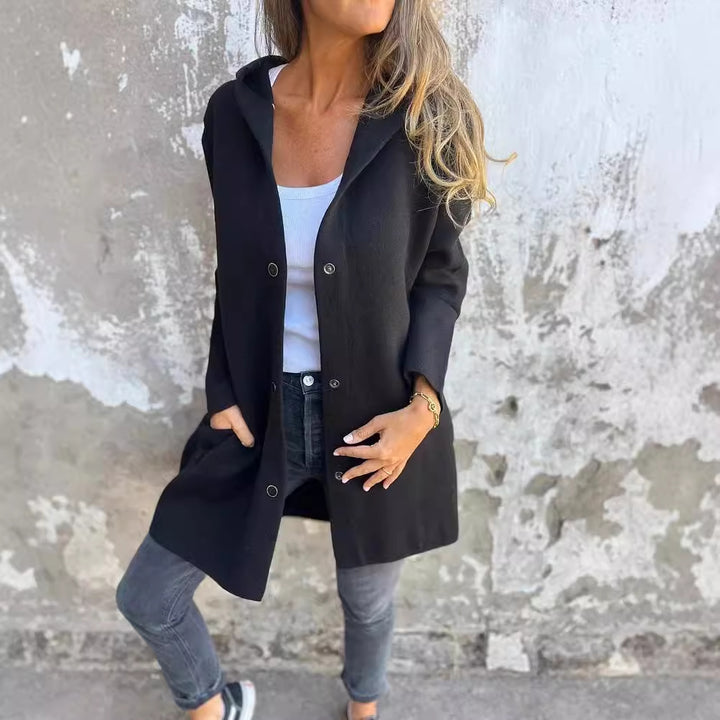 Women's hooded coat mid-length cotton blend with snap button placket and side pockets Mune Fashion