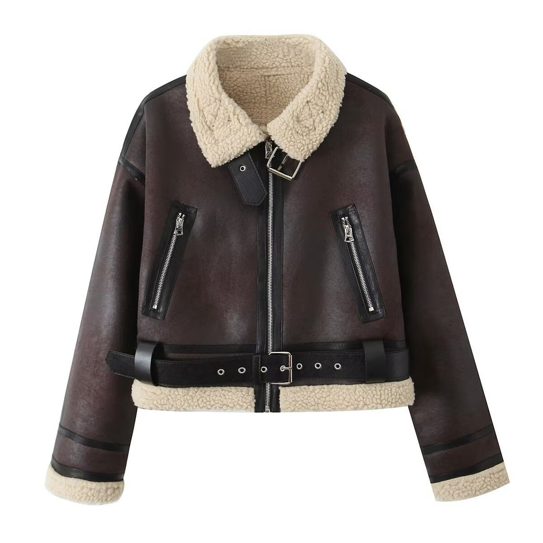 Women's Short Aviator Jacket in Leather Look with Teddy Lining, Zipper Pockets, and Waist Belt Mune Fashion