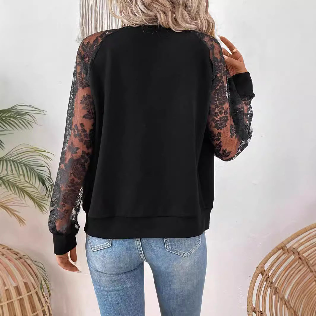 Women's lightweight bomber jacket with floral lace sleeves and zipper Mune Fashion
