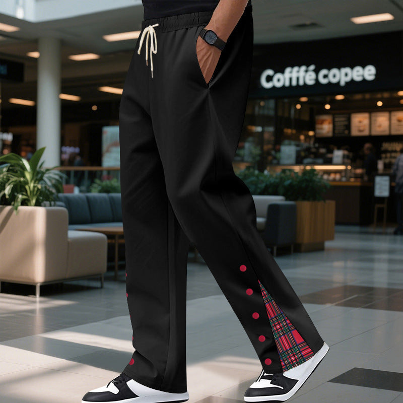 Men's Relaxed-Fit Jogging Pants with Check Side Panel, Snap Button Placket & Drawstring