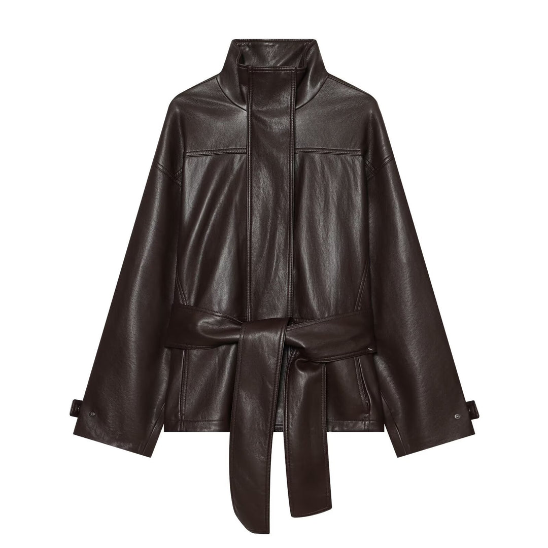 Women Tailored Faux Leather Jacket with High Stand Collar and Tie Belt Mune Fashion