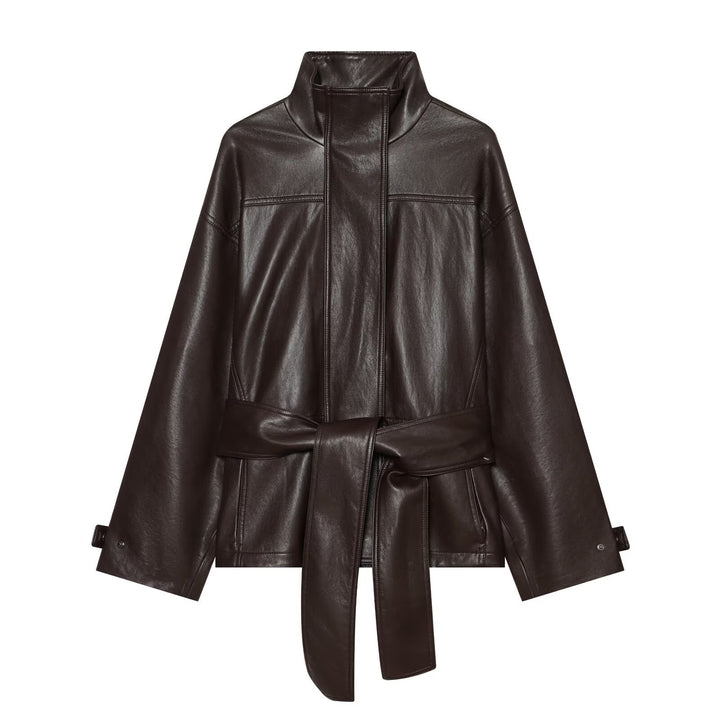 Women Tailored Faux Leather Jacket with High Stand Collar and Tie Belt Mune Fashion