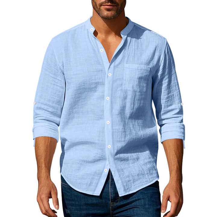 Men's linen-cotton shirt with stand-up collar, roll-up sleeves, and chest pocket Mune Fashion