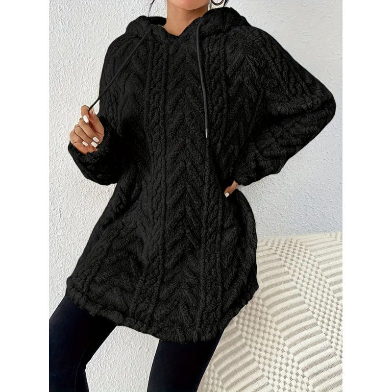 Women Cozy Teddy Hoodie with Cable Knit Pattern Drawstring and Rounded Hem Mune Fashion