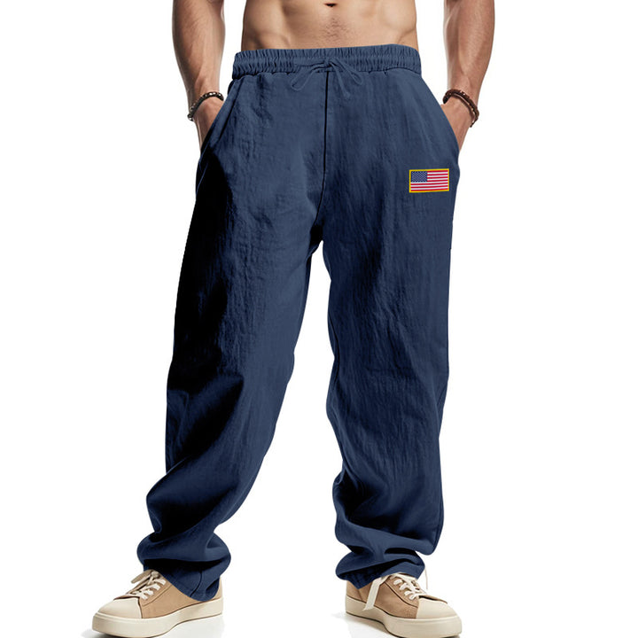 Men's casual cotton-linen lounge pants with elastic waistband, drawstring, and discreet flag application Mune Fashion