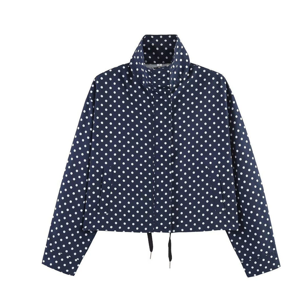 Women's Dotted Short Jacket with Stand-up Collar, Concealed Front Placket and Drawstring Mune Fashion