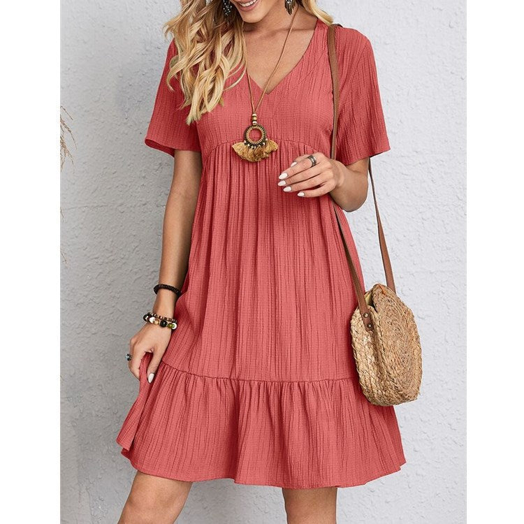 Ladies Nan Crepe Short Dress with V-Neck, Gathered Empire Seam and Ruffled Hem Mune Fashion