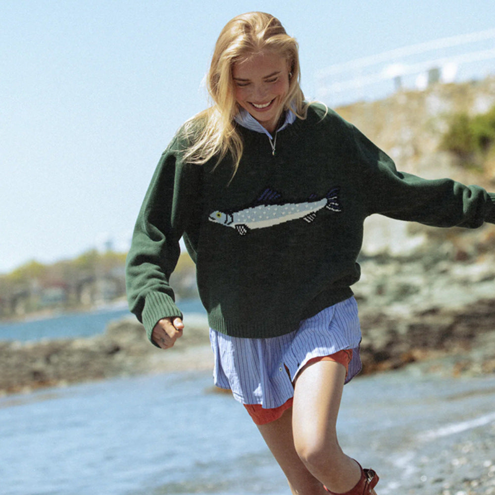 Women Oversize Knit Sweater with Fish Jacquard, Half Collar and Ribbed Cuffs Mune Fashion