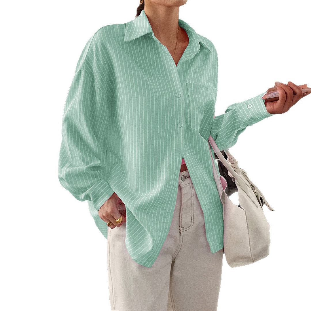 Women's slightly tailored long blouse with Kent collar, breast pocket, and fine pinstripes Mune Fashion