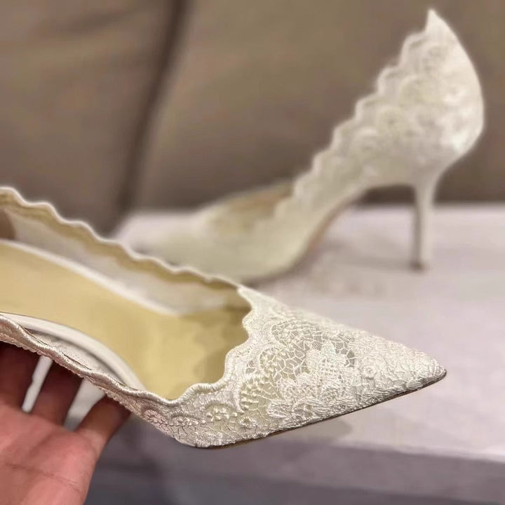 Women's Elegant Lace Pumps with Wavy Edge and Slim Stiletto Heel Mune Fashion
