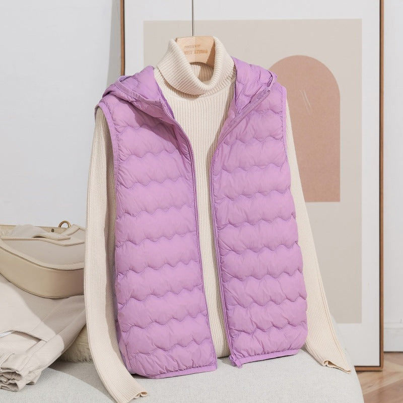Women Ultra-light Hooded Quilted Vest with Ergonomic Wave Quilting and Compact Packing Format Mune Fashion