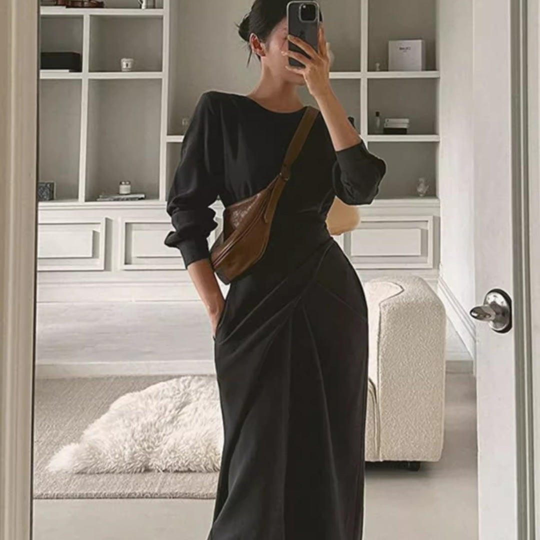 Women’s Modern Long Dress with Overlapping Waistline, Concealed Pockets, and Boxy Silhouette Mune Fashion