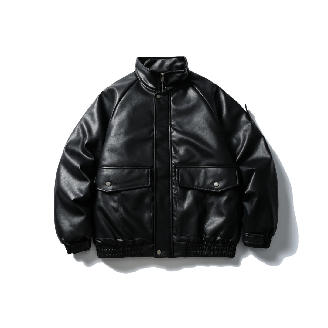 Men's Padded Faux Leather Bomber Jacket with High Stand-up Collar and Flap Pockets Mune Fashion