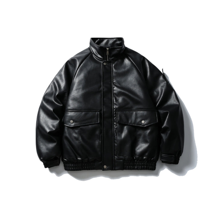 Men's Padded Faux Leather Bomber Jacket with High Stand-up Collar and Flap Pockets Mune Fashion