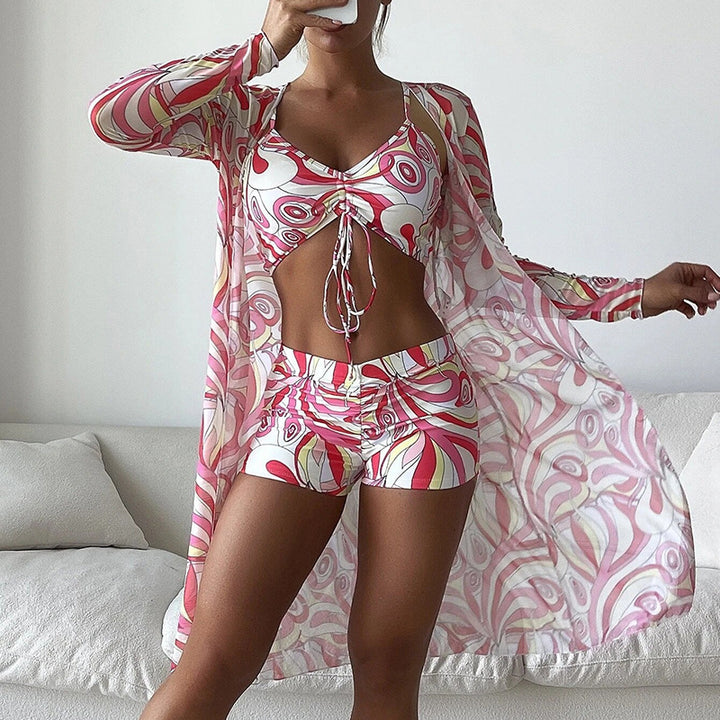 Damen Strandanzug mit leichtem Kimono und buntem Unterteil Echo Archiv