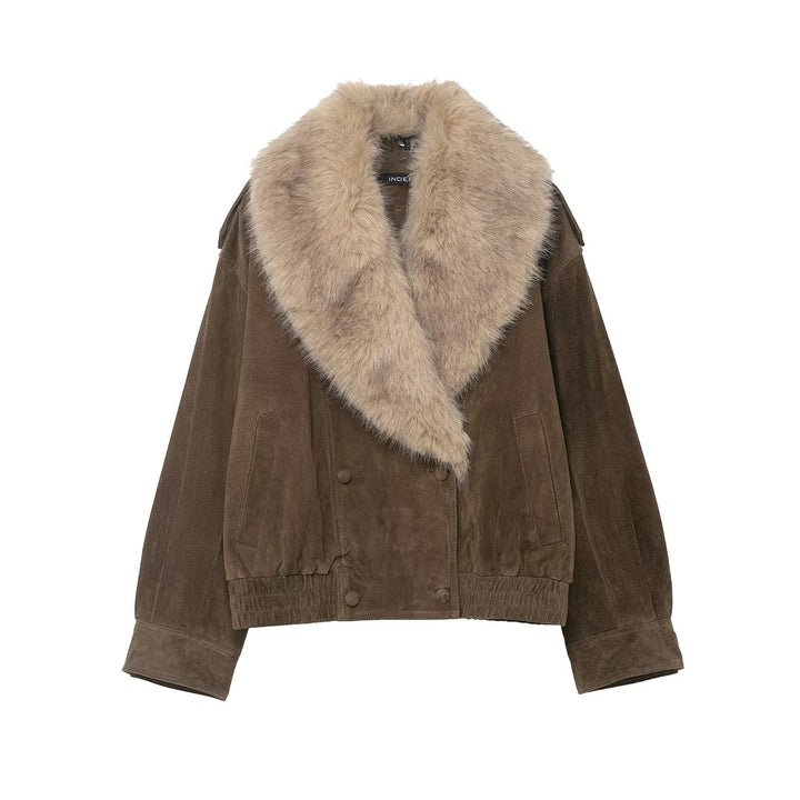 Women 400+ Cropped Suede Bomber Jacket with Large Faux Fur Shawl Collar Mune Fashion
