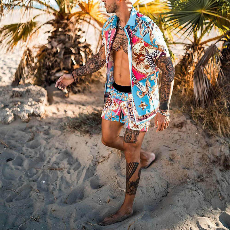 Men's short-sleeved shirt with baroque pattern and matching loose-fitting shorts Mune Fashion