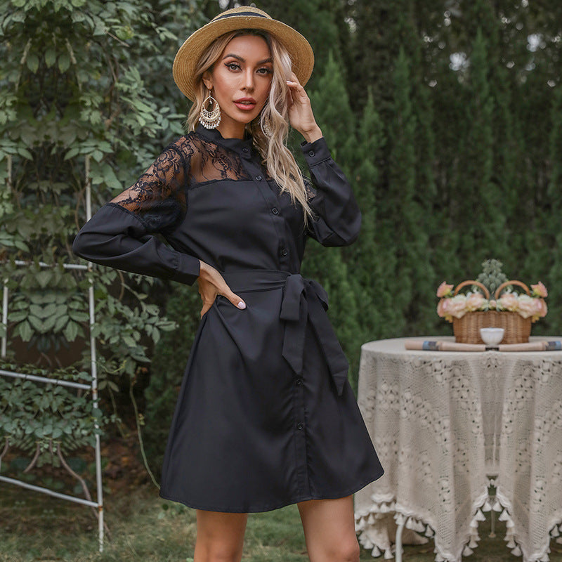 Women Elegant Shirt Dress with Lace Sleeves Mune Fashion