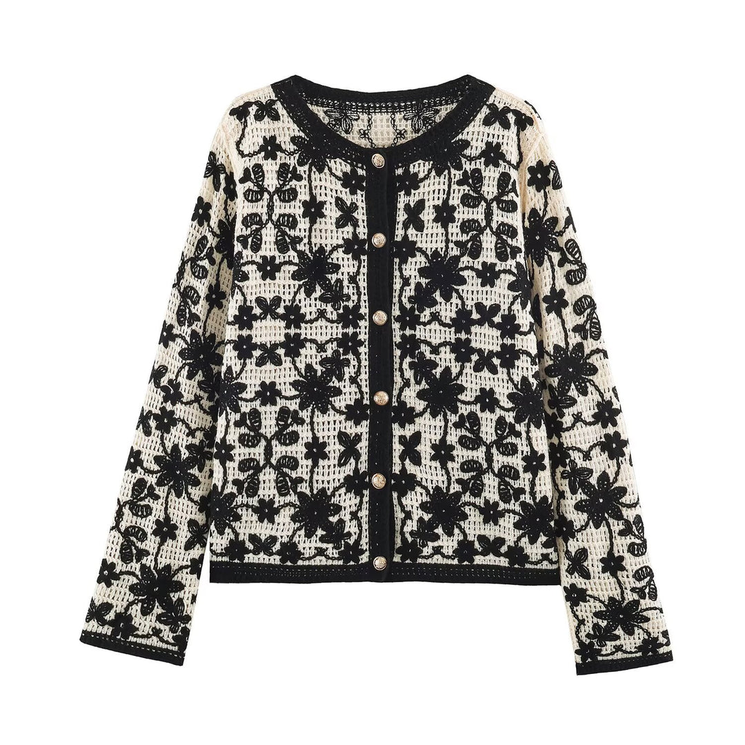 Women's Crocheted Boucle Cardigan with Three-Dimensional Flower Embroidery and Gold Accents Mune Fashion