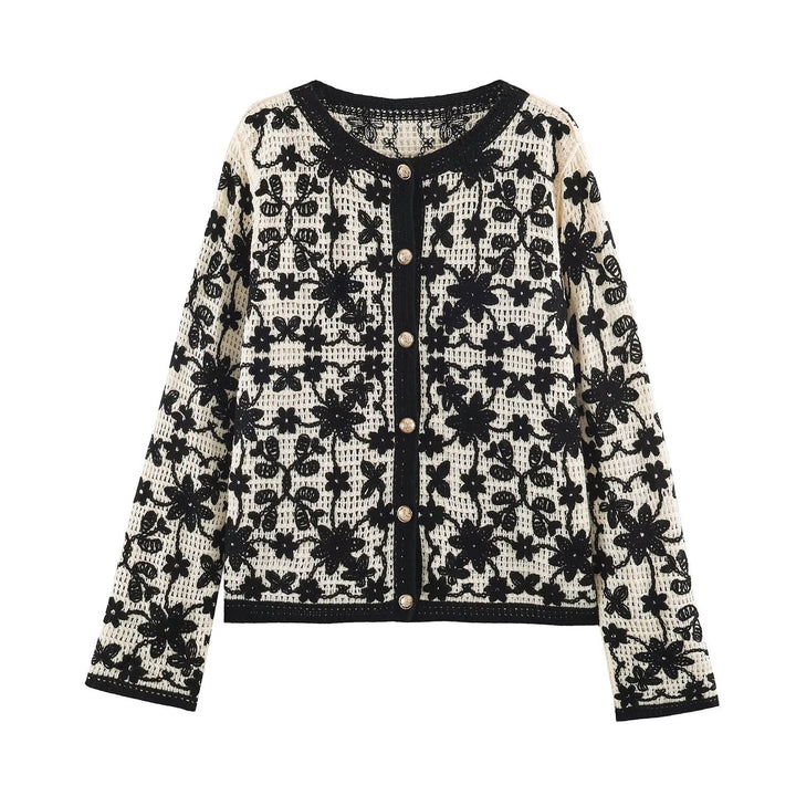 Women's Crocheted Boucle Cardigan with Three-Dimensional Flower Embroidery and Gold Accents Mune Fashion