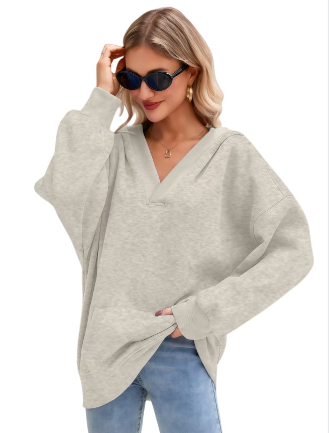 Women's Oversized V-Neck Hoodie with Hood, Kangaroo Pocket and Extended Hem Mune Fashion