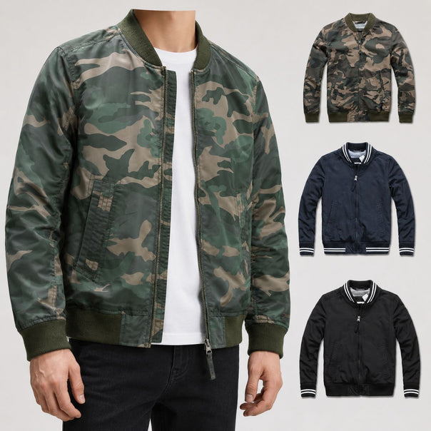 Men's bomber jacket with striped ribbed collar, zipper and side pockets Mune Fashion