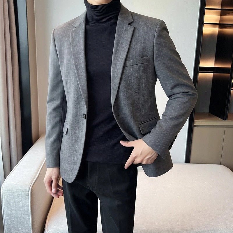 Men's pinstripe suit jacket with a slim fit, two-button closure & chest pocket Mune Fashion