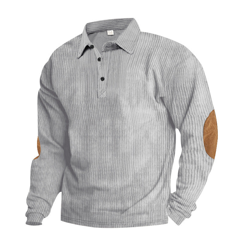 Men's heavy ribbed cotton polo sweater with Kent collar, triple button placket, and suede elbow patches Mune Fashion
