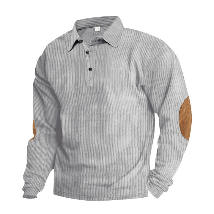 Men's heavy ribbed cotton polo sweater with Kent collar, triple button placket, and suede elbow patches Mune Fashion