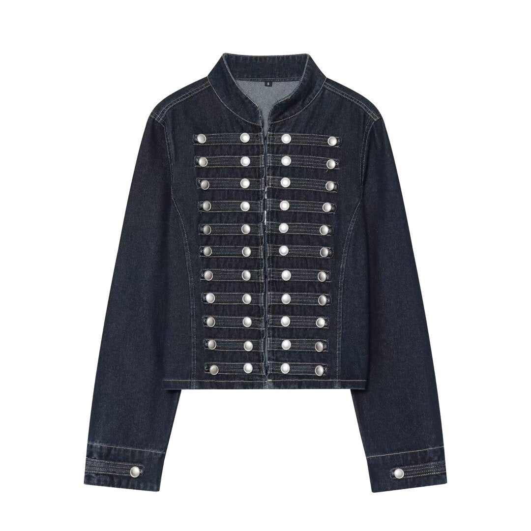 Women's Cropped Denim Blouson in Tailcoat Style with Decorative Row Buttons Mune Fashion