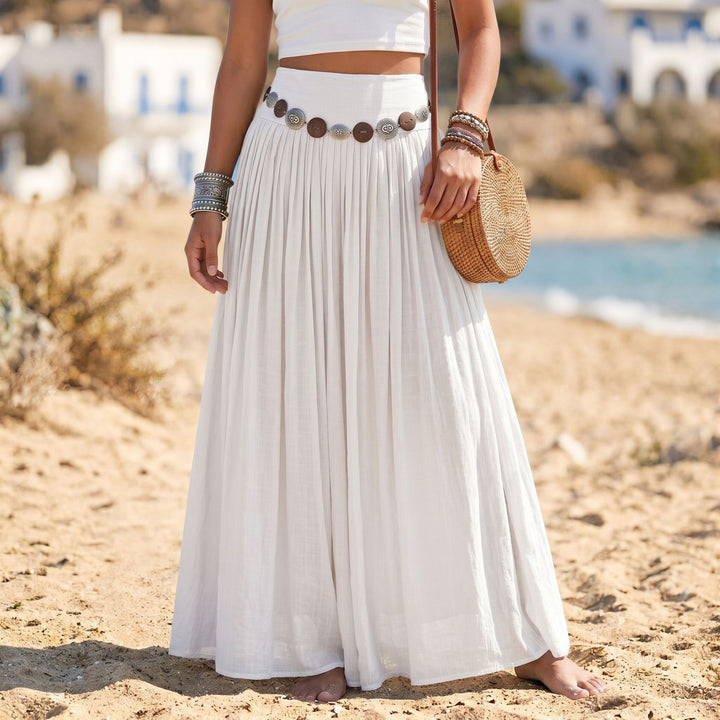 Women's flowing maxi skirt with high waistband, pleated folds and Boho button belt Mune Fashion