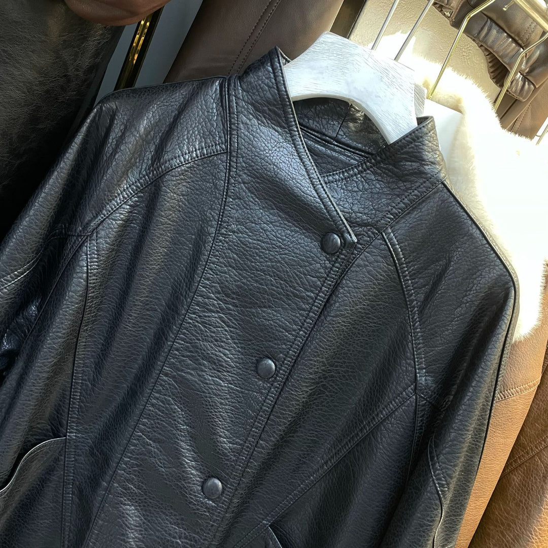 Women Short Leather Jacket with textured grain, stand-up collar, and drawstring waistband Mune Fashion