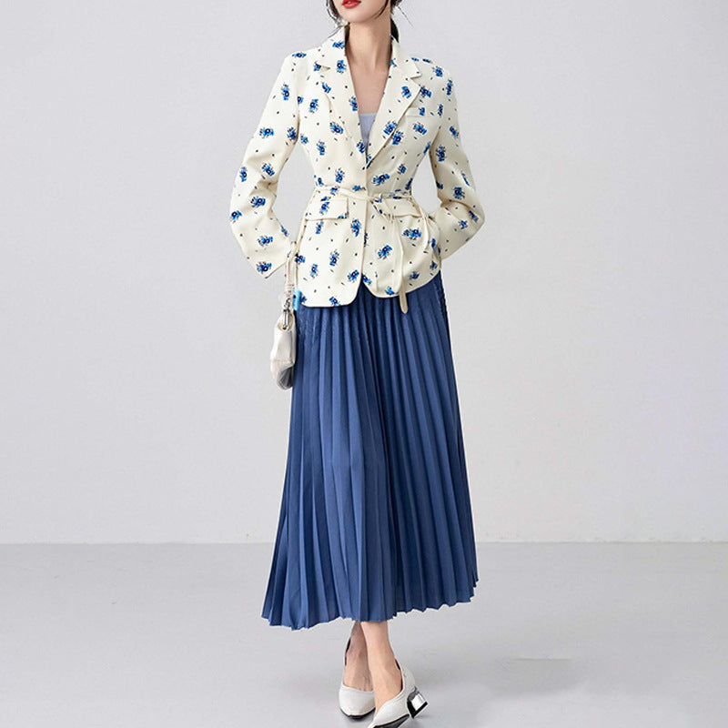 Women fitted floral blazer with belt and lapel collar Mune Fashion