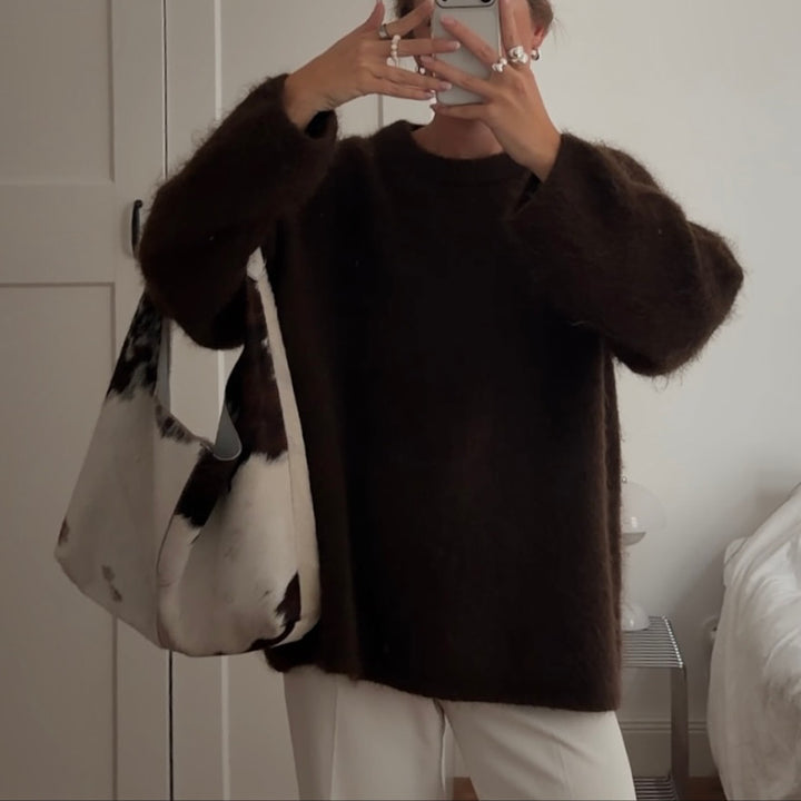 Women's Long Cut Cozy Fine Knit Sweater with Soft Plush Mix, Round Neckline and Casual Silhouette Mune Fashion