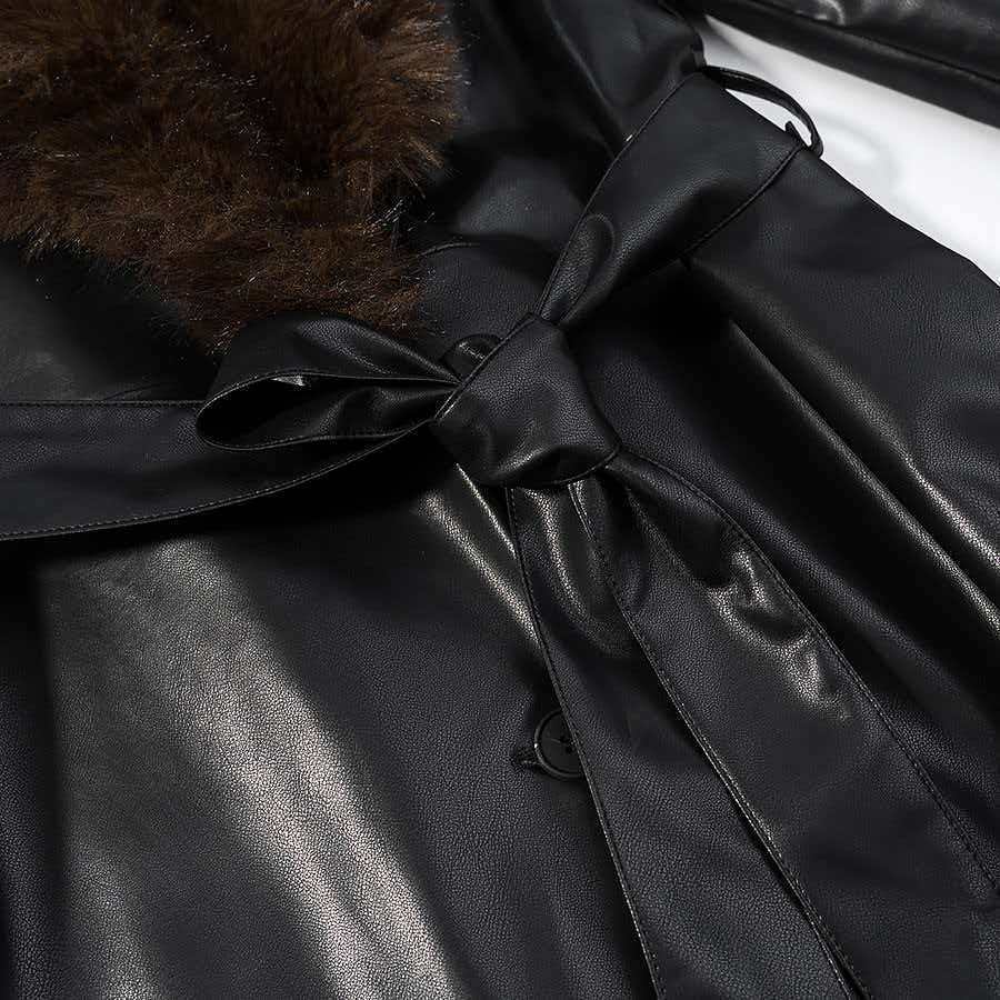 Women Long Leather Coat with Removable Fur Collar and Minimalist Silhouette Mune Fashion