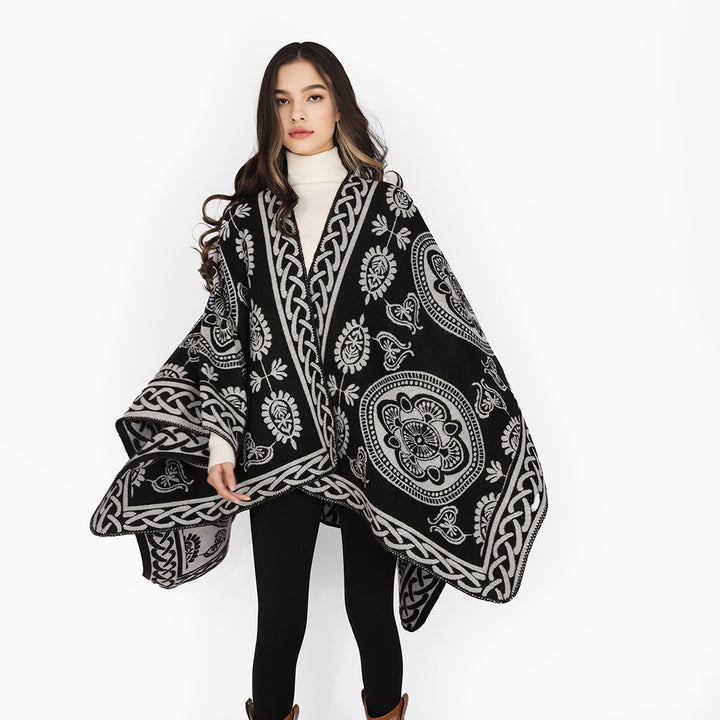 Women's Oversized Cape with Ornamental Jacquard and Asymmetrical Pointed Hem Mune Fashion