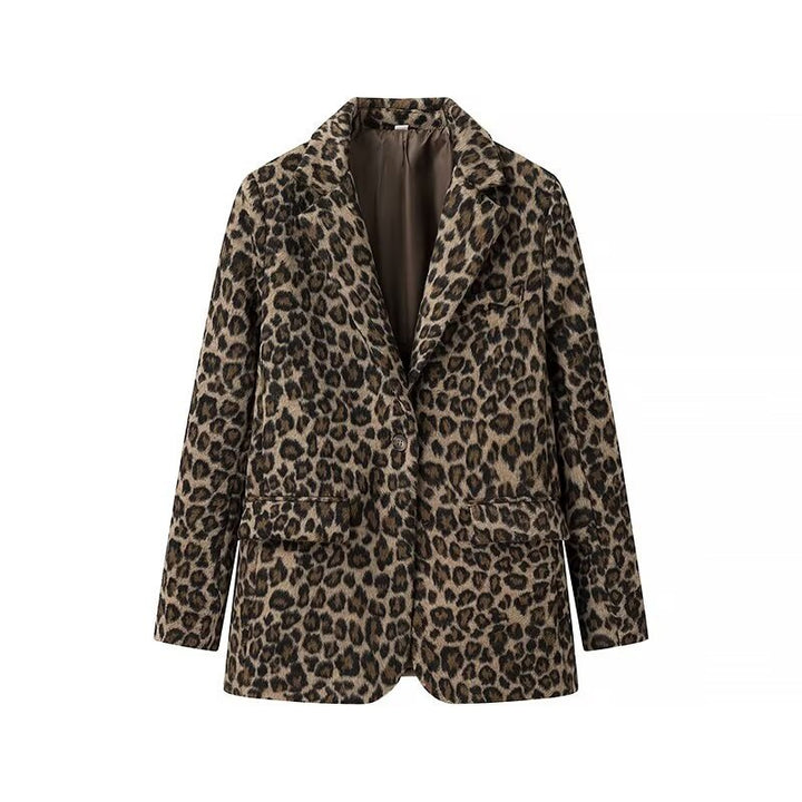 Women's Oversized Blazer in Leopard Print with Notch Collar and Flap Pockets Mune Fashion